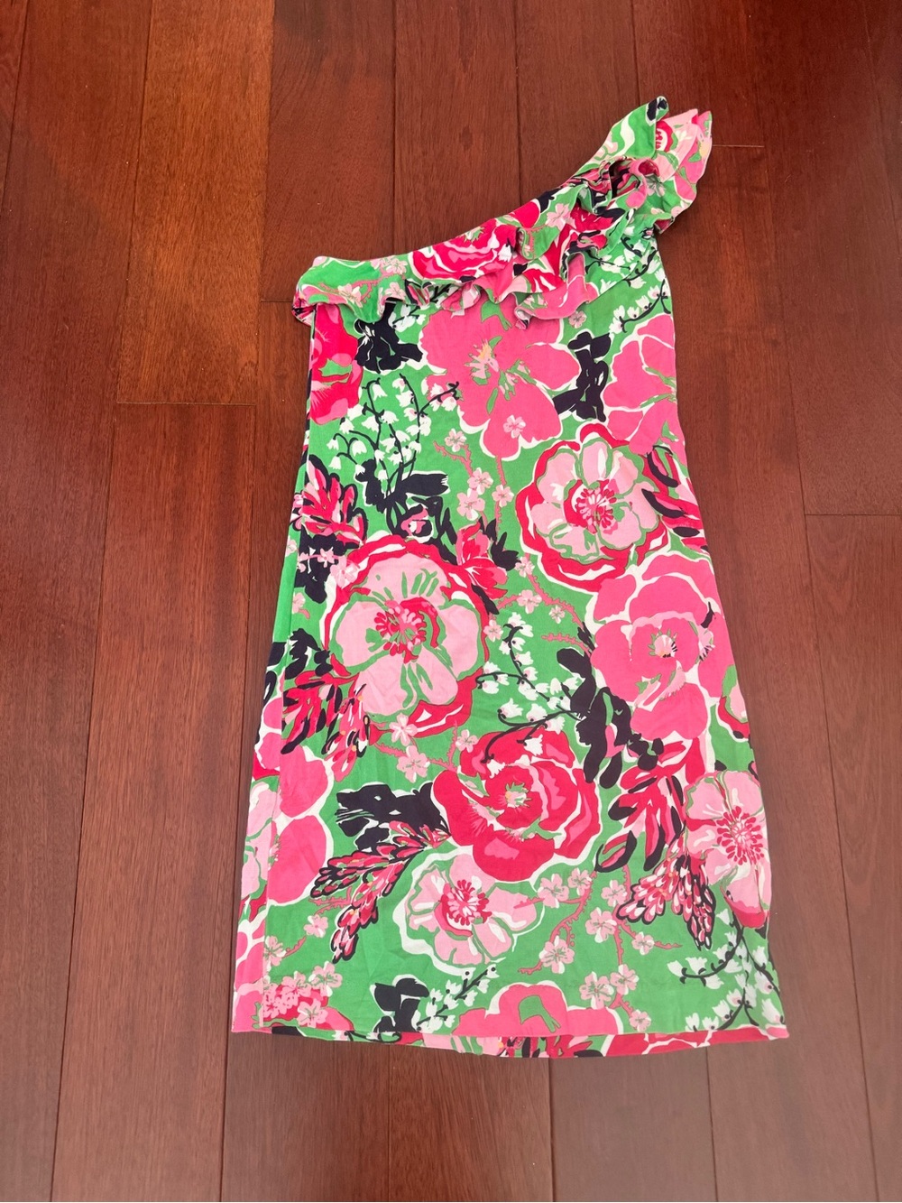 Lilly Pulitzer One-Shoulder Floral Mini Dress in Hot Pink and Green - Picture 2 of 5